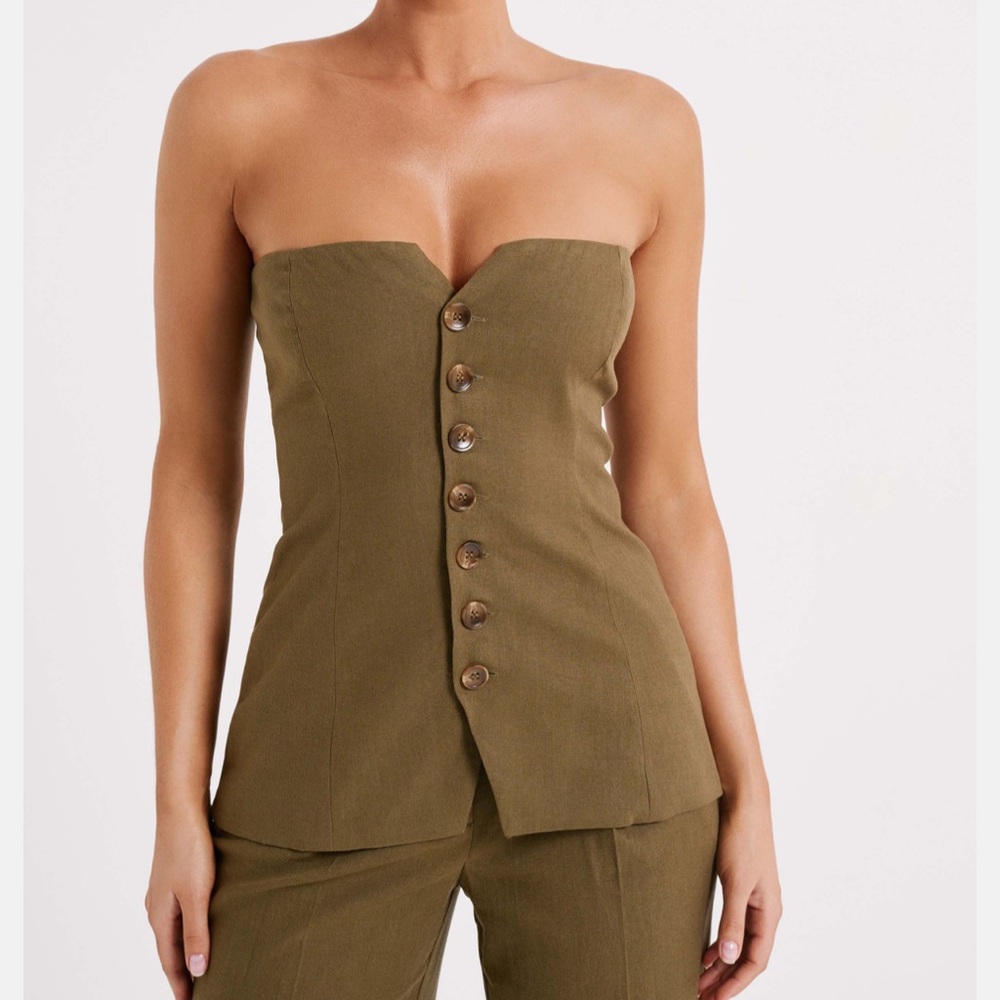 Meshki Olive Strapless Button-Up Blouse